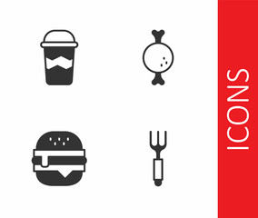 Set Fork, Coffee cup to go, Burger and Chicken leg icon. Vector