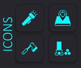 Set Cartridges, Flashlight, Hunt place and Wooden axe icon. Black square button. Vector