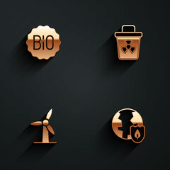 Set Banner for bio, Infectious waste, Wind turbine and Earth with shield icon with long shadow. Vector © Iryna