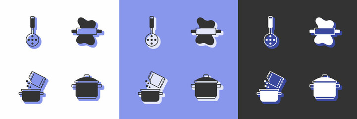 Set Cooking pot, Spatula, and spice and Rolling pin on dough icon. Vector