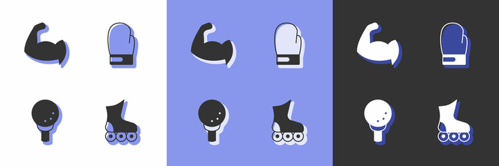 Set Roller skate, Bodybuilder showing his muscles, Golf ball on tee and Boxing glove icon. Vector