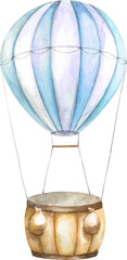 Cute watercolor blue air balloon illustration. Cute drawing for baby shower invitation, greeting cards, it's a boy, it's a girl card ,poster, printable frame art