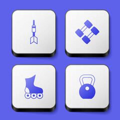 Set Dart arrow, Dumbbell, Roller skate and Weight icon. White square button. Vector