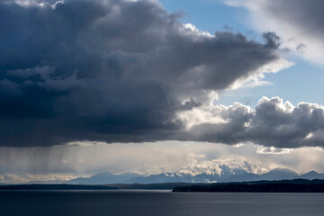 Dramatic rain clouds and mountains in distance