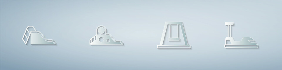 Set Slide playground, Swing for kids and Bumper car. Paper art style. Vector