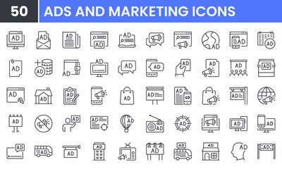 Advertising and Marketing vector line icon set. Contains linear outline icons like Billboard, Newspaper, TV, Radio, Promotion, Poster, Media, Megaphone, Communication, Email. Editable use and stroke.