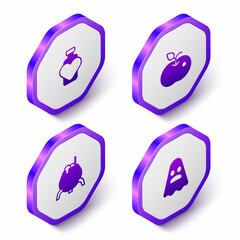Set Isometric Bottle with love potion, Poison apple, Witch cauldron and Ghost icon. Purple hexagon button. Vector