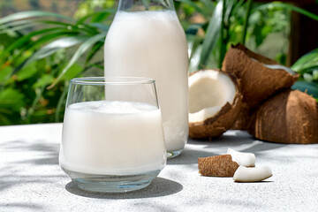 Coconut milk in glass, in bottle, and half of coconut on palm leaf background. Vegetable milk, lactose free non dairy healthy drink. Vegan food.