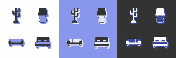 Set Big bed, Coat stand, Sofa and Table lamp icon. Vector