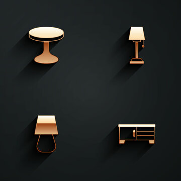 Set Round Table, Floor Lamp, Table And TV Stand Icon With Long Shadow. Vector