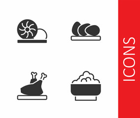Set Rice in a bowl, Xiao long bao, Roasted turkey or chicken and Chicken egg icon. Vector