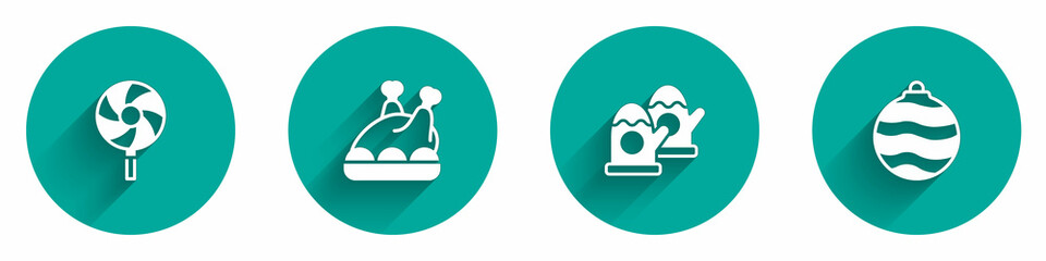 Set Lollipop, Roasted turkey or chicken, Christmas mittens and ball icon with long shadow. Vector