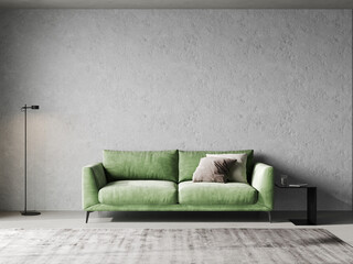 Scandinavian style living room interior mock up, modern living room interior background, green sofa and floor lamp, 3d rendering