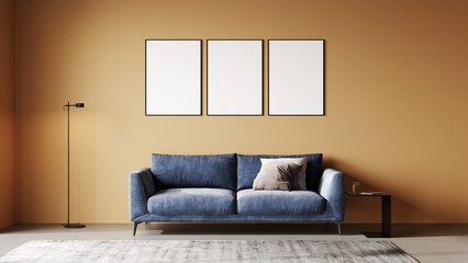 Blank picture frame mock up in bright room interior , 3d rendering