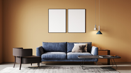 mock up poster frames in modern interior background, living room, Scandinavian style, 3D render, 3D illustration