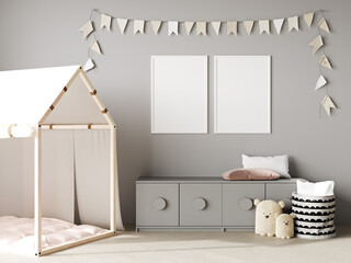 Fototapeta na wymiar Blank poster frames mock up on gray wall in nursery room interior background with baby bedding, soft toys, garland flags, 3d rendering