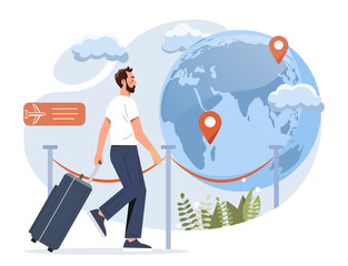 Man emigrate concept. Guy with luggage chooses country for travel, character at airport evaluates several options, makes route. Person moving foreign country. Cartoon flat vector illustration