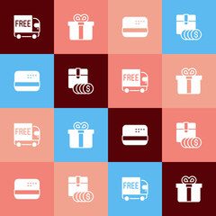 Set pop art Free delivery service, Gift box, Credit card and Item price tag with dollar icon. Vector