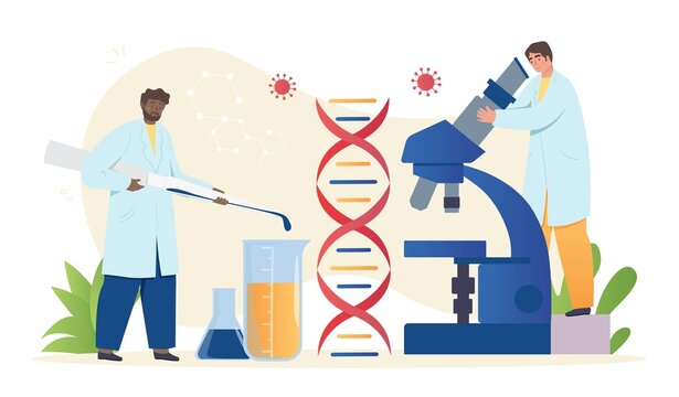 Lab experiment concept. Men with chemicals and cells doing experimentation. Chemists and biologists develop drug, professionals look at DNA through microscope. Cartoon flat vector illustration