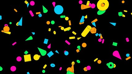 Fototapeta na wymiar Toon colorful geometric objects on black background. 3DCG confetti illustration for background.