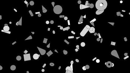 Toon gray geometric objects on black background.
3DCG confetti illustration for background.
