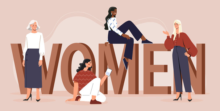 Strong women concept. Feminism and womens solidarity. Talented and hardworking entrepreneurs or businesswomen. Gift card design for March 8, international womens day. Cartoon flat vector illustration