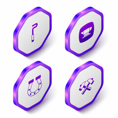 Set Isometric Fire poker, Blacksmith anvil tool, Horseshoe and Crossed hammer icon. Purple hexagon button. Vector