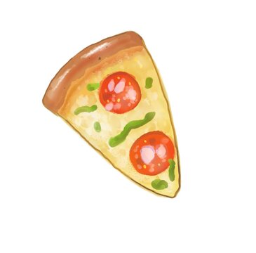 Slice of pizza illustration. In oil painting art. Brushes style. Fast food drawing on white. 