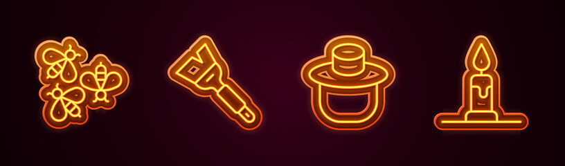 Set line Bees, Beekeeping brush, Beekeeper with protect hat and Burning candle. Glowing neon icon. Vector