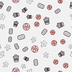 Set line Sponge, Trash can, Kitchen apron and Water drop on seamless pattern. Vector