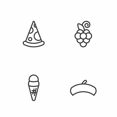 Set line French beret, Ice cream in waffle, Slice of pizza and Grape fruit icon. Vector