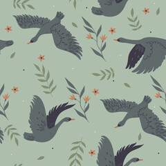 Naklejka premium Seamless pattern with flying swans and flowers. Vector graphics.