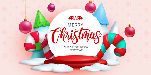 Christmas greeting vector template design. Merry christmas text in circle space with xmas balls, candy cane and fir tree elements for holiday season outdoor decoration. Vector illustration.
 - Powered by Adobe