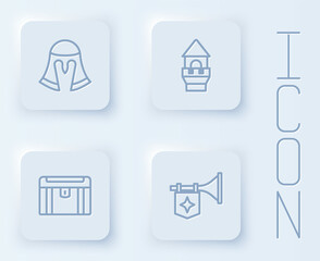 Set line Medieval helmet, Castle tower, Antique treasure chest and Trumpet with flag. White square button. Vector