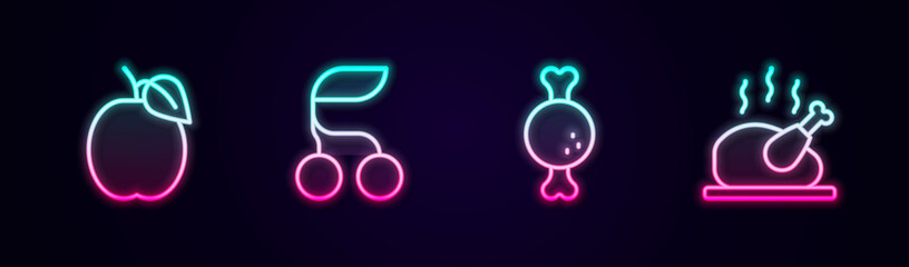 Set line Plum fruit, Fresh berries, Chicken leg and Roasted turkey or chicken. Glowing neon icon. Vector