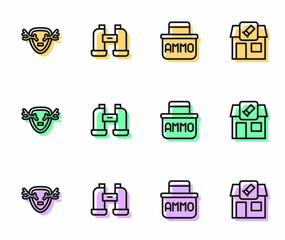 Set line Ammunition box, Deer antlers shield, Binoculars and Hunting shop icon. Vector