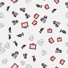 Set line Trumpet, Maracas, Guitar pick and amplifier on seamless pattern. Vector