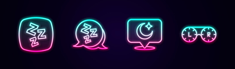 Set line Sleepy, Moon and stars and Contact lens container. Glowing neon icon. Vector