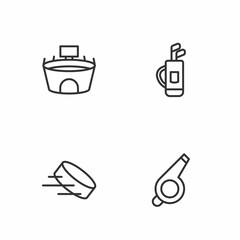 Set line Whistle, Hockey puck, Stadium and Golf bag with clubs icon. Vector