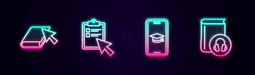 Set line Online book, quiz, test, survey, Graduation cap on mobile and Audio. Glowing neon icon. Vector