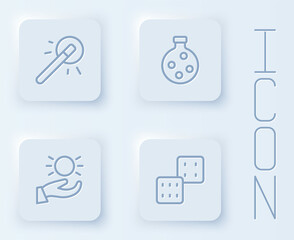 Set line Magic wand, Bottle with potion, Ball levitating above hand and Game dice. White square button. Vector