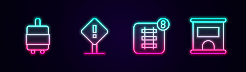 Set line Suitcase, Exclamation mark in square, Online ticket booking and Ticket office to buy tickets. Glowing neon icon. Vector