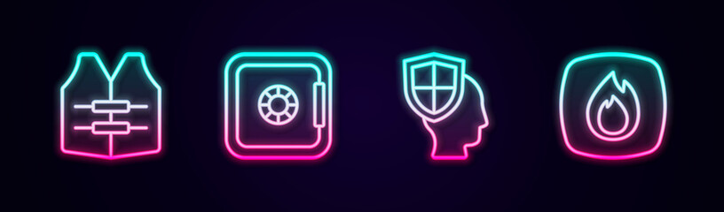Set line Life jacket, Safe, insurance with shield and Fire flame. Glowing neon icon. Vector