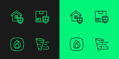 Set line Tornado, Fire flame, House with shield and Delivery security icon. Vector