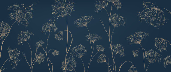 Fototapety  Luxury wallpaper in dark blue color with flowers and grass in golden art line style. Hand drawn botanical background for decoration banner, print, decor, interior design