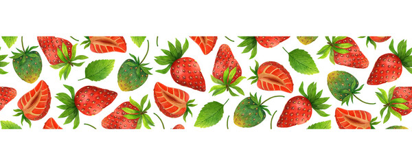 Fresh strawberry seamless watercolor border. Red sweet berry, unripe green fruit, leaves. Whole wild strawberries, cut in half. Hand drawn summer garden dessert. Healthy organic food pattern