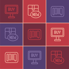 Set line Buy button, Barcode and New collection icon. Vector