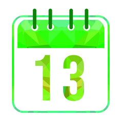 Calendar day 13. Number thirteen on a white paper with modern green border. Isolated on white background. Vector illustration.