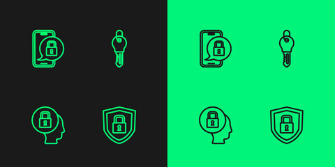 Set line Shield security with lock, Lock, Mobile closed padlock and Key icon. Vector