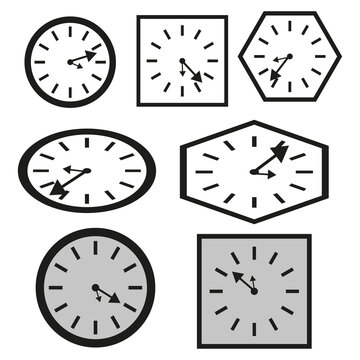 Cartoon wall clocks various shapes. Round clock. Vector illustration. stock image.
